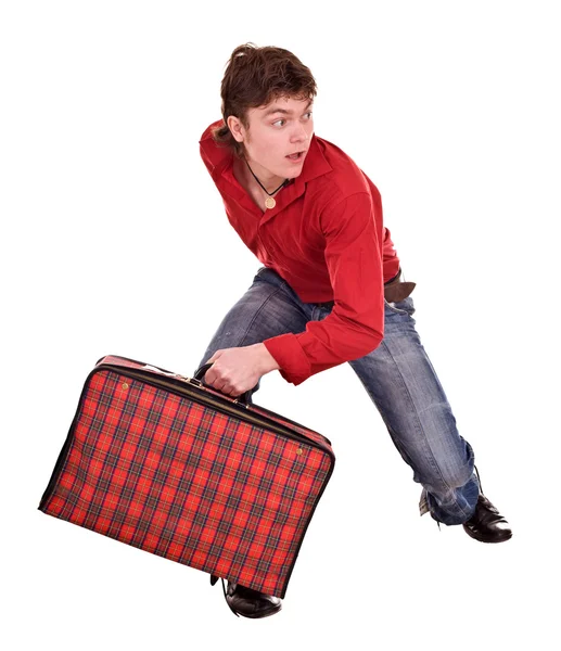 Cheerful happy man with suitcase . — Stock Photo, Image