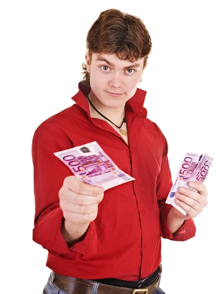 Muž v červené barvě s penězi. — Stock fotografie