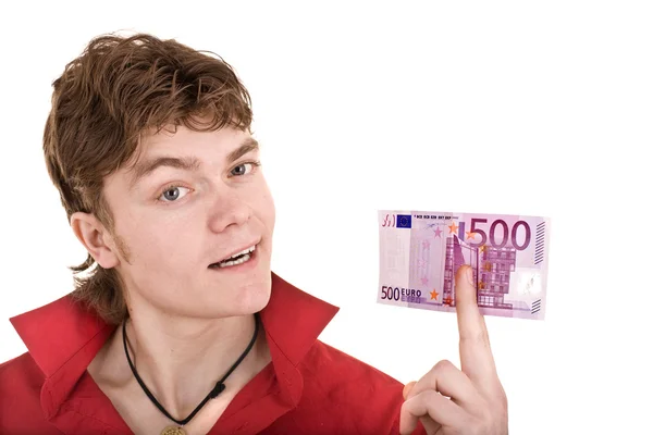Lycklig man i rött med pengar. — Stockfoto