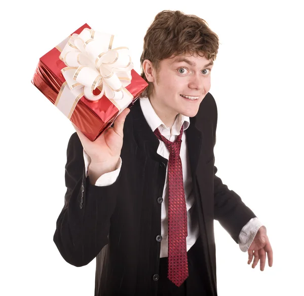 Zakenman met witte geschenkdoos. — Stockfoto