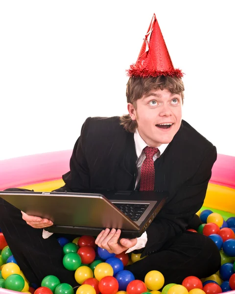 Businessman birthday with laptop. — Stock Photo, Image