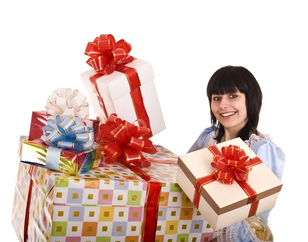 Mooie vrouw met groep doos van de gift. . — Stockfoto