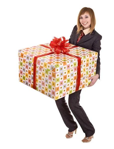 Business woman with gift box. — Stock Photo, Image