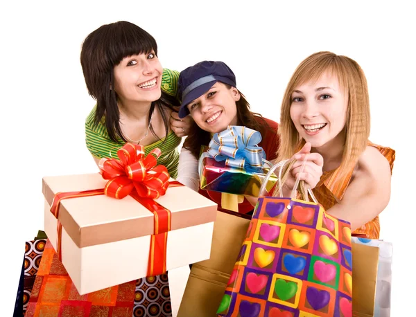 Three beautifu girlfriends enjoy shopping. — Stock Photo, Image