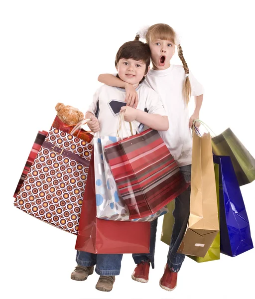 Chłopiec i dziewczynka z torbą na zakupy. — Zdjęcie stockowe