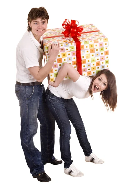 Happy man and girl with gift box. — Stock Photo, Image