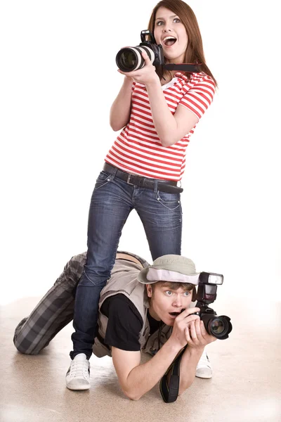 Ζευγάρι φωτογράφος με ψηφιακή φωτογραφική μηχανή. — Φωτογραφία Αρχείου