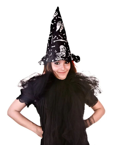 Cadı siyah elbise ve şapka. — Stok fotoğraf