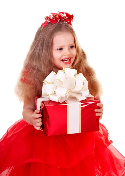 ギフト用の箱の赤いドレスを着て子供 l. — ストック写真