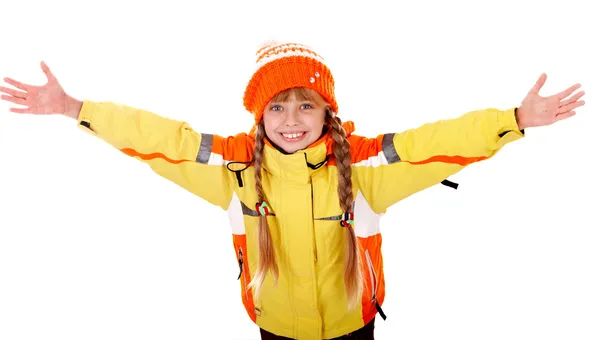 Girl in autumn orange hat with outstretched arm. — Stock Photo, Image