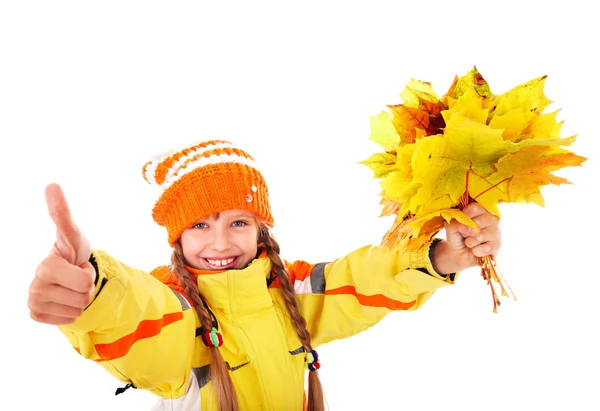 Child in autumn orange hat holding leaves thumb up. — Stock Photo, Image
