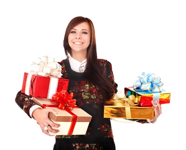 Beautiful girl with group of gift box. — Stock Photo, Image