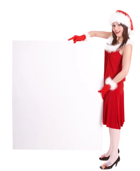 Vánoční dívka v santa hat s transparentem. — Stock fotografie