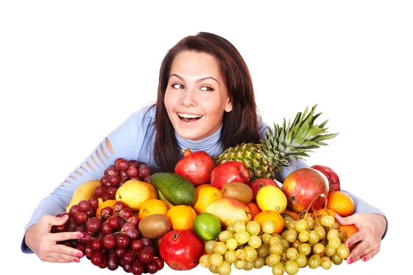 Fille avec groupe de fruits et légumes . — Photo