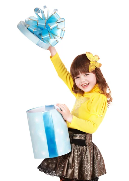 Child with blue gift box and butterfly. — Stock Photo, Image