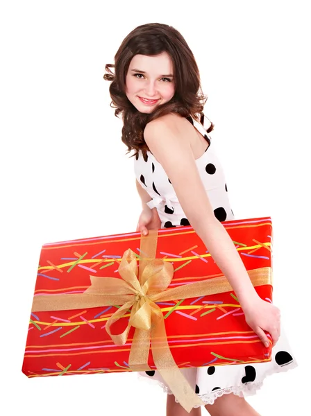 Lány, nagy piros ajándék doboz. — Stock Fotó