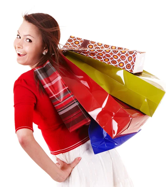 Chica feliz con bolsa de compras en grupo . Imagen De Stock