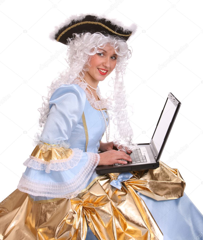 Woman with laptop in period dress.