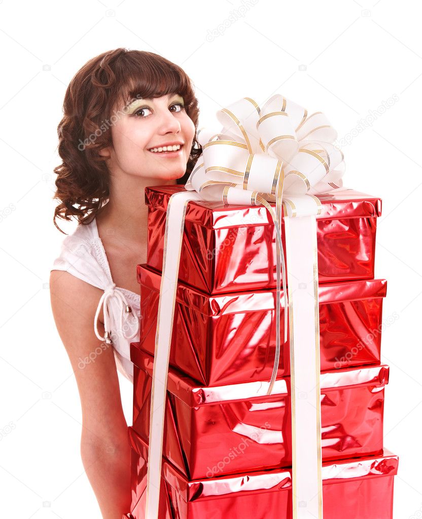 Young woman holding stack gift box.