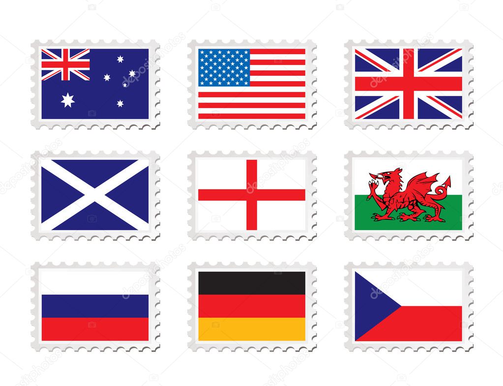 Collection of nine stamp with country flag on them