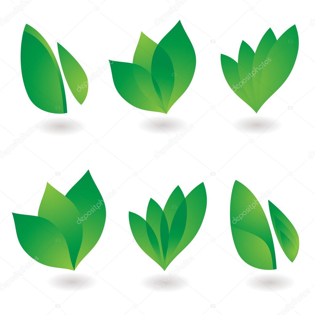 Collection of six environmental leaf designs with shadow