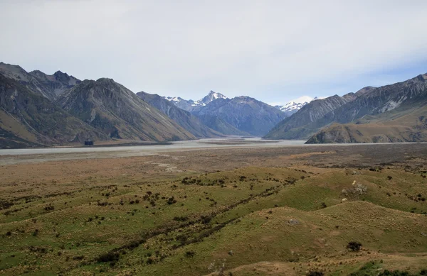 stock image Mount Cook over a grassy plain