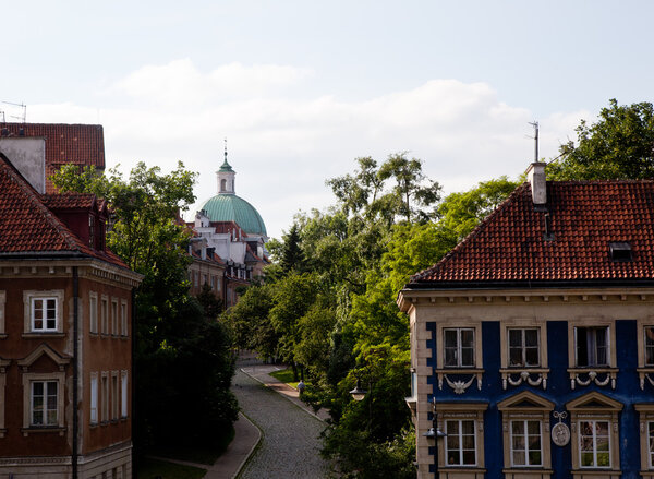 View towards the old town of Warsaw in Poland showing domed church of St Kazimierz in New Town