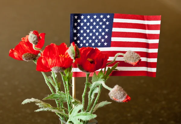 Αμερικανική σημαία με κόκκινα λουλούδια — Φωτογραφία Αρχείου
