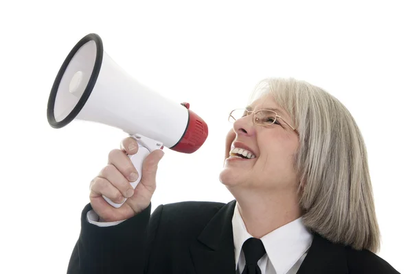 Affärskvinna tala i en megafon — Stockfoto