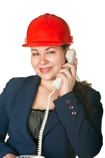 Young woman architect helmet calling — Stock Photo, Image