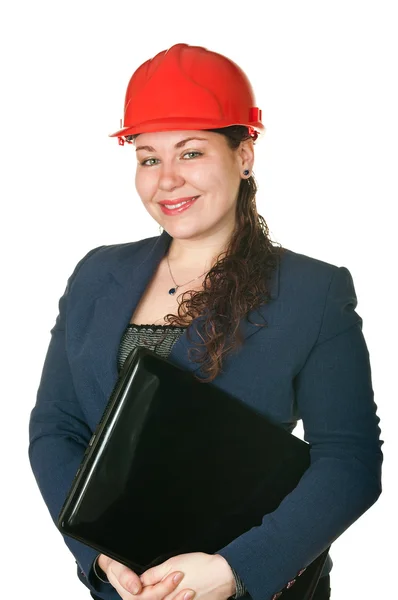Jonge vrouw architect in rode helm — Stockfoto