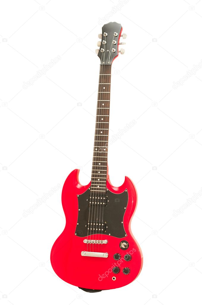 Red guitar on the white background