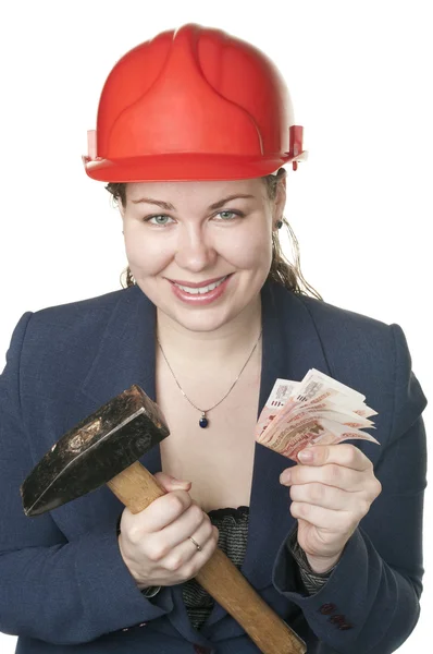 The young beautiful girl with a hammer and cash — Stock Photo, Image