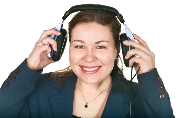 Ridendo operatore felice giovane donna in un call center . — Foto Stock