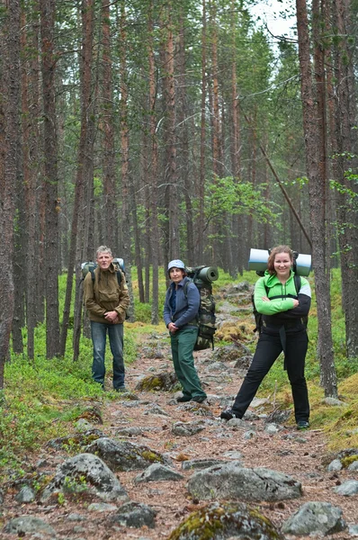 Gruppe von Reisenden wandert im Wald Bergsteigen mit Ranzen — Stockfoto
