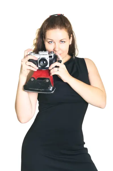 Beautiful woman with ancient camera. — Stock Photo, Image