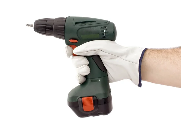 Elektroschrauber-Werkzeug in menschlicher Hand isoliert auf weißem Hintergrund — Stockfoto