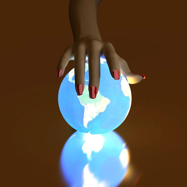 Kéz- és fényes globe — Stock Fotó