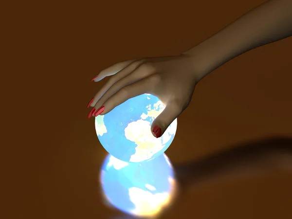 Hand und leuchtender Globus — Stockfoto
