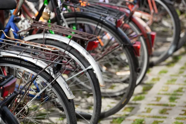 Massor av cyklar på en cykel rack — Stockfoto