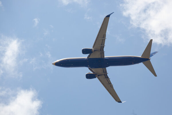Boeing 737 from the Bottom with Cloudy Sky as Background