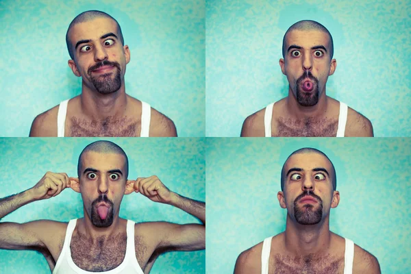 Jugendlicher Mann, der mit seinem Gesicht verschiedene Mimik ausführt — Stockfoto