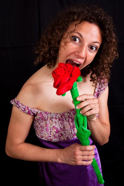 Funny Girl Play With a Toy Flower — Stock Photo, Image