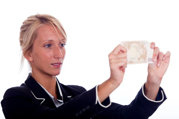 Iş genç kadın bakışı euro banknot — Stok fotoğraf