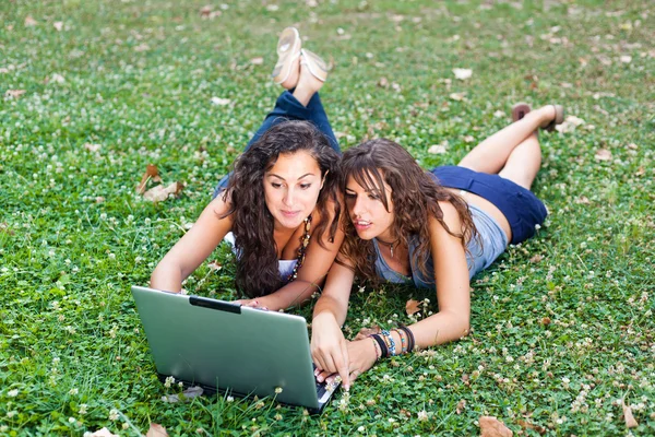 Twee jonge vrouw met laptop pc op park — Stockfoto