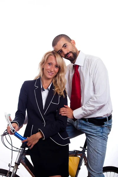 Young Businessman and Businesswoman on a Bike — Stock Photo, Image