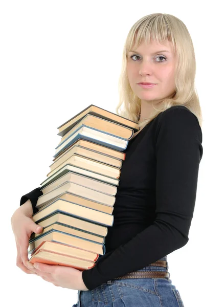 La rubia sosteniendo un montón de libros — Foto de Stock