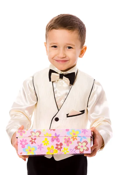 Boy holding present — Stock Photo, Image