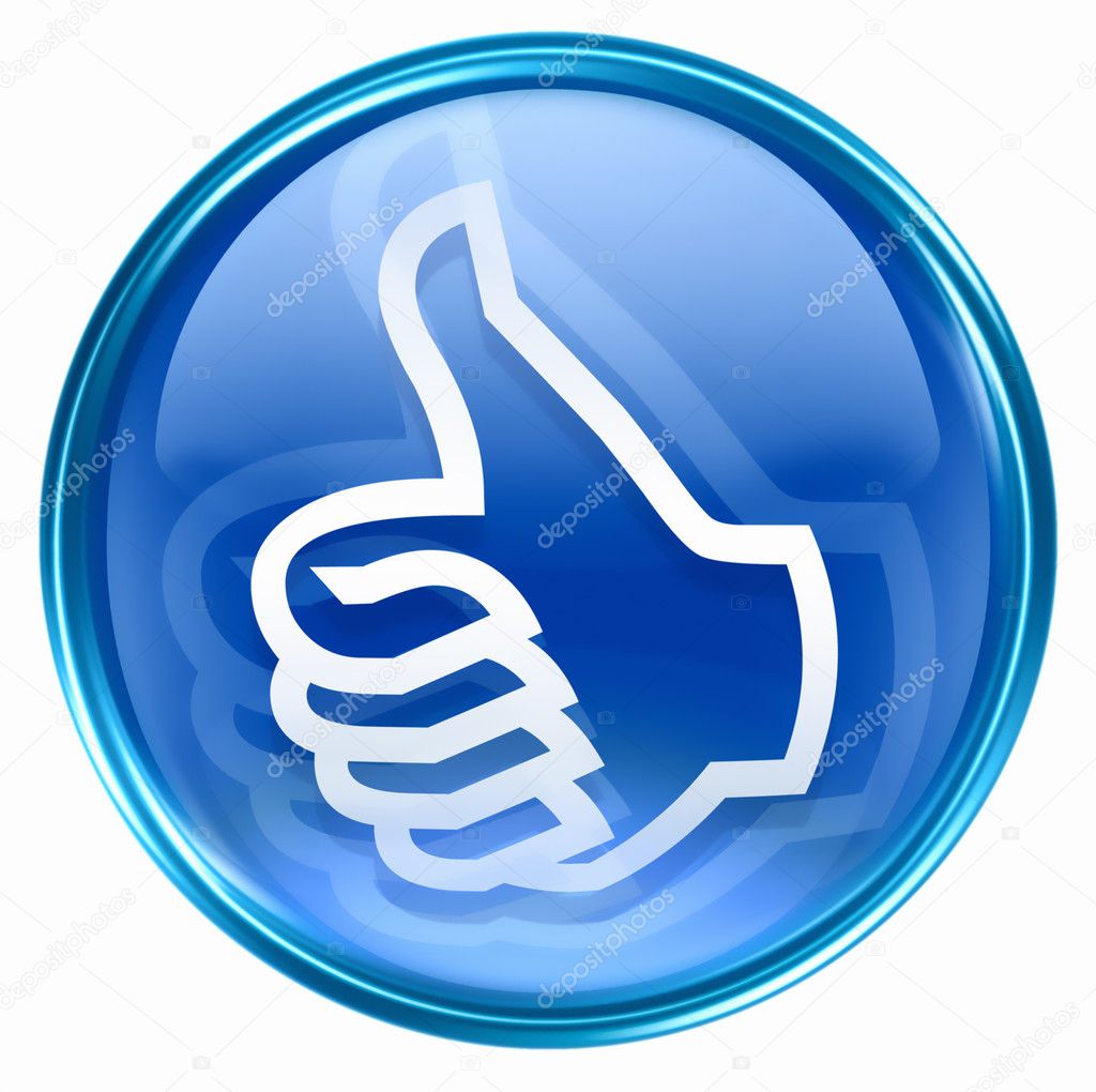 Thumb up icon blue, isolated on white background.