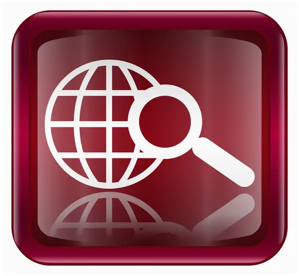 Globe en vergrootglas pictogram donker rood, geïsoleerde op witte achtergrond — Stockvector